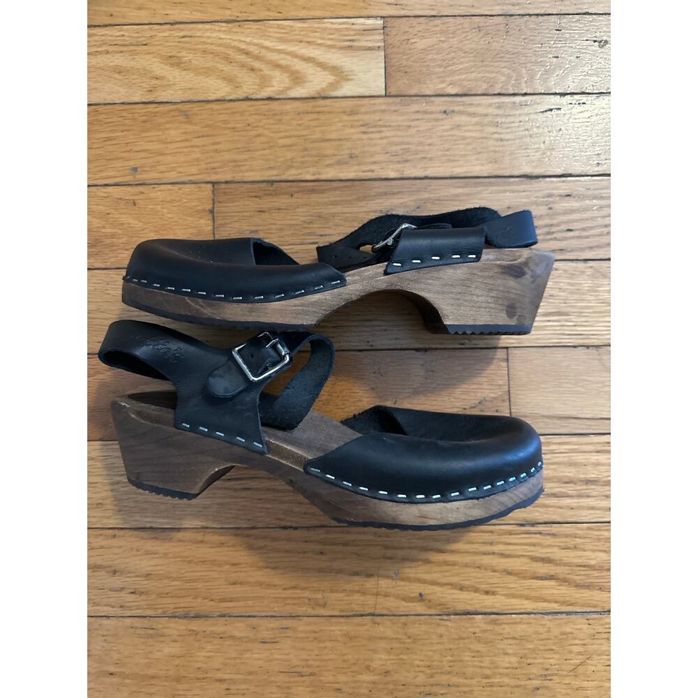Lotta From Stockholm Black Leather Wooden Clogs Sandals Swedish Size 38 EU